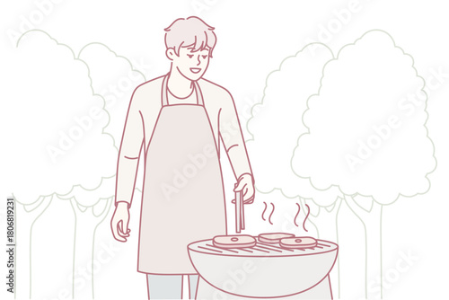 Smiling man in apron making meat on grill in park. Happy guy have fun cooking barbecue outdoors. Weekend and relaxation. Vector illustration.