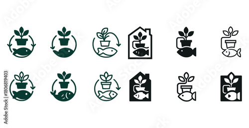 Aquaponics icon set: plant and fish eco-symbols for sustainable gardening
