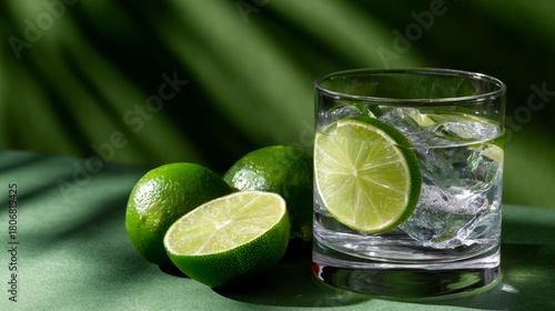 Refreshing citrus drink with ice. limes and green background invoke sense of coolness and calmness on warm day