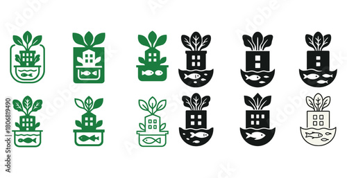 Sustainable urban aquaponics icons: eco-friendly fish and plant systems