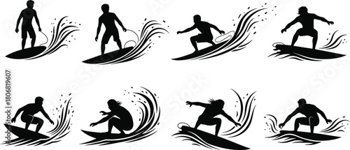 Dynamic surfer silhouette collection riding ocean waves, extreme water sports action illustration set for summer beach design, surfing movement artwork themes