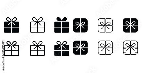 Set of twelve black and white gift box icons with bows in various styles