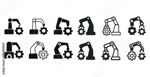 Set of robotic arm icons with gears in various styles and designs