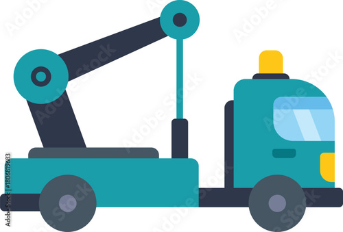Teal tow truck with crane lifting, offering roadside assistance and vehicle recovery services
