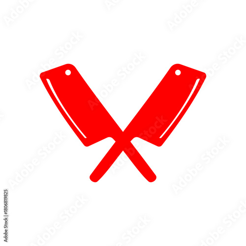 Two red butcher cleavers crossed in an X shape on a plain white background, simple graphic design.