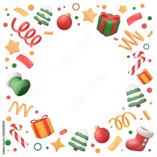 Christmas frame with 3d party popper and New Year cartoon elements. Banner template with confetti, gifts, party ribbons, snowy trees and plastic stars. Vector celebration illustration.