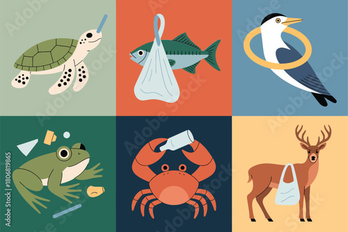 Wildlife and plastic pollution tiles, sea turtle, seabird with bag, fish in net, crab, deer, environmental awareness vector