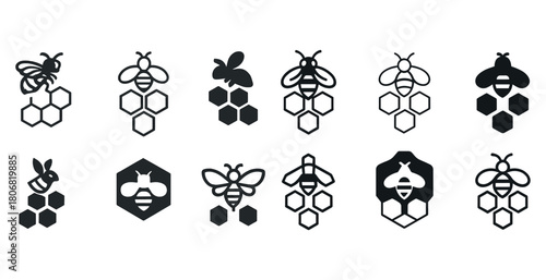 Collection of bee icons with honeycomb designs in black silhouette style