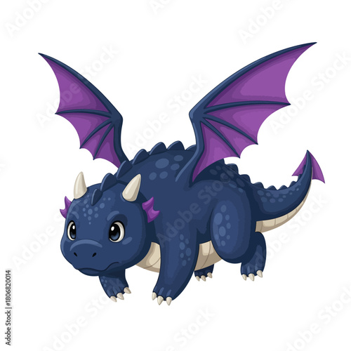 Adorable Blue Dragon with Purple Wings Illustration.
