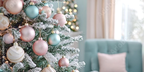 A beautifully decorated Christmas tree with pink and blue ornaments, surrounded by a cozy living room with a blue sofa and a window with a view of a tree decorated with lights.