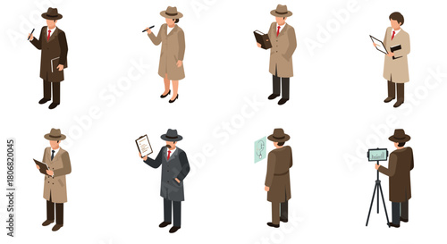 Isometric detective characters analyzing evidence and documents