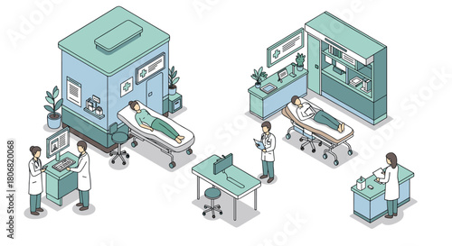 Modern isometric medical facility with doctors and patients in healthcare environment