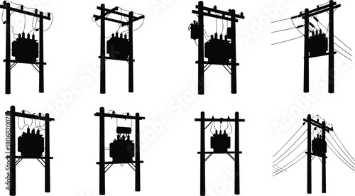Vector Silhouette Set of H-Frame and Double Pole Mounted Electrical Transformers for Heavy Duty Power Distribution and High Voltage Grid Infrastructure