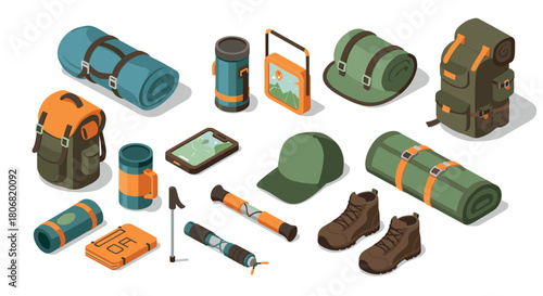 Outdoor adventure gear icons in isometric style for camping enthusiasts