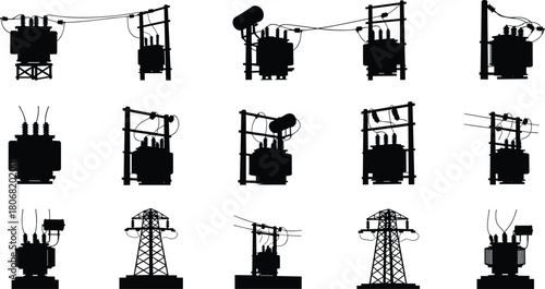 Vector Silhouette Set of Power Transformers, Utility Poles and High Voltage Transmission Towers for Electricity Distribution Grid Infrastructure