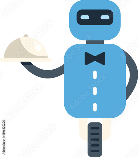 Robot waiter carrying a covered plate, offering automated food service in a futuristic restaurant setting