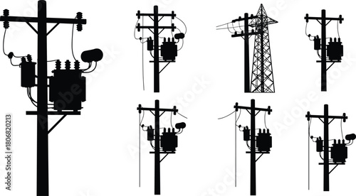 Vector Silhouette Set of Utility Poles, Electrical Transformers, and High Voltage Pylon for Power Supply Network and Electricity Transmission Grid