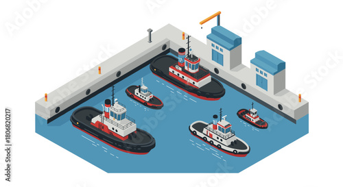 Isometric tugboats docked at modern shipyard with industrial equipment
