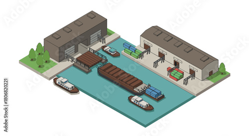 Isometric port scene with cargo ships and warehouses in a harbour setting