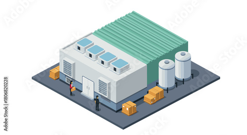 Isometric warehouse facility with workers and storage tanks in industrial setting