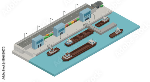 Isometric port scene with cargo ships and buildings along a waterfront