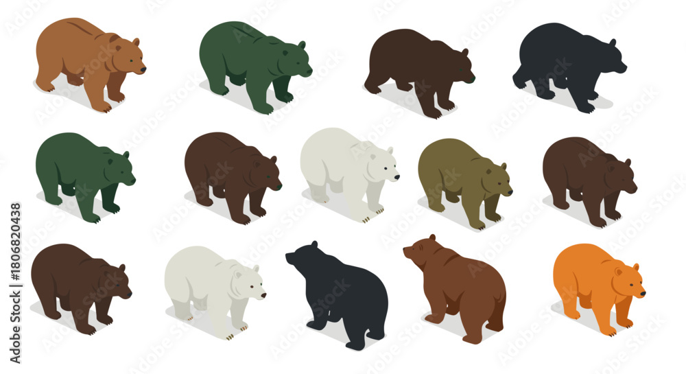 Fototapeta premium Diverse bear species in isometric view featuring various colors and angles