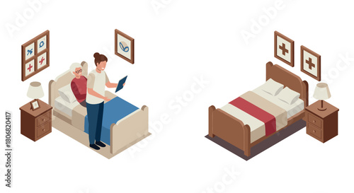 Isometric elderly care: senior woman reading book with caregiver in bedroom setting