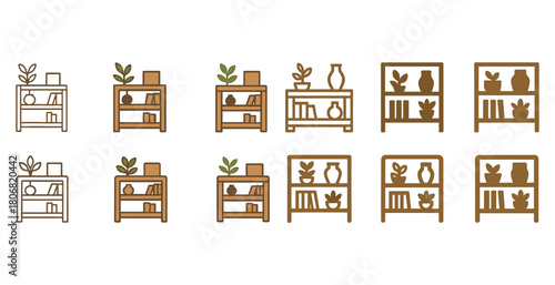Set of bookshelf icons with plants, books, and vases in various styles