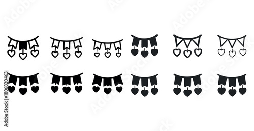 Black and white heart and flag bunting designs with various styles