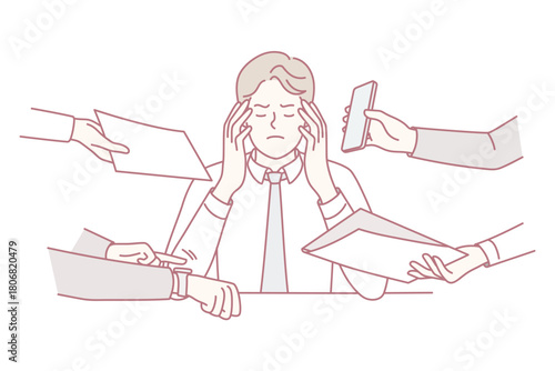 Annoyed businessman stressed with multiple hands giving papers and phones. Bothered male employee distressed with workload. Overwork. Vector illustration.