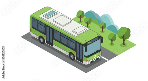 Green isometric bus on road with trees and mountains in background