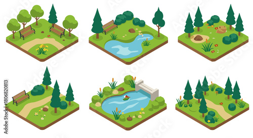 Isometric park elements: ponds, trees, and paths for landscape design