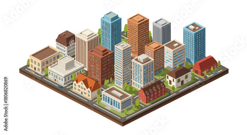Isometric cityscape with diverse buildings and green spaces
