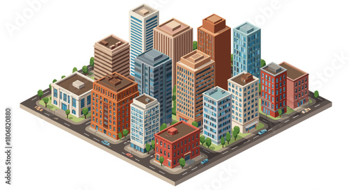 Isometric cityscape with diverse high-rise buildings and busy streets