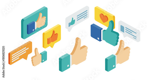 Isometric social media interaction icons: thumbs up, heart, and speech bubbles