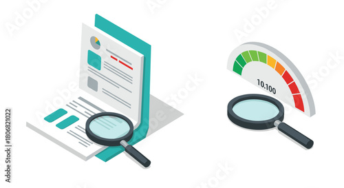 Isometric analysis concepts with magnifying glass and performance gauge