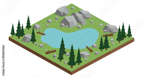 Isometric forest landscape with lake and rocks on grass field