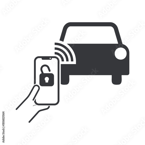 Isolated pictogram of unlocking a car using a smartphone, symbolizing smart vehicle access and mobile remote control technology.