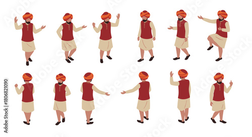 Traditional indian man with turban in various poses on white background
