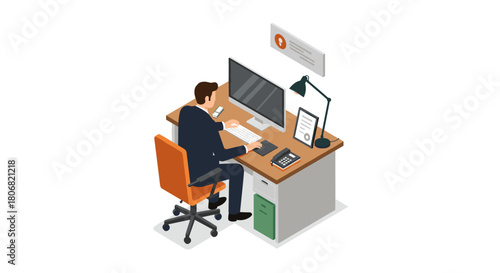 Office workspace with businessman working at desk in isometric style