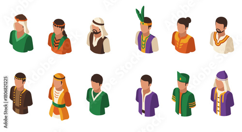 Diverse traditional attire collection with cultural outfits in isometric style