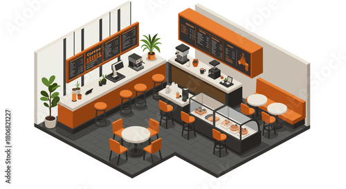 Modern cafe interior design in isometric view