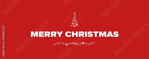 A clean and modern red Christmas banner featuring bold “Merry Christmas” text, a simple white line-art tree, and festive accents for holiday greetings, digital ads, social media posts and branding.