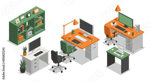 Modern isometric home office setups with desks, computers, and office accessories