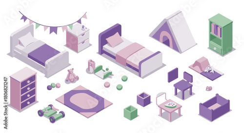 Pastel isometric kids room with toys and furniture