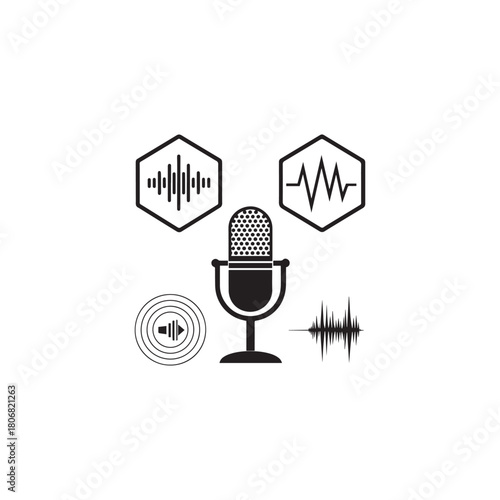 Microphone and Audio Waveform Icons Vector Illustration Podcast Studio Recording Voice