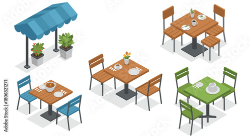 Isometric outdoor cafe tables with chairs and place settings