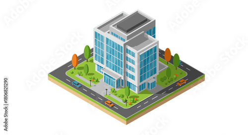 Modern isometric office building with cars and trees on intersection