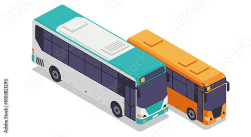 Isometric urban and coaches buses in modern style