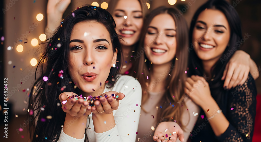 Naklejka premium Joyful young women celebrating a special occasion, blowing colorful confetti with radiant smiles, embodying happiness and friendship at a festive evening party